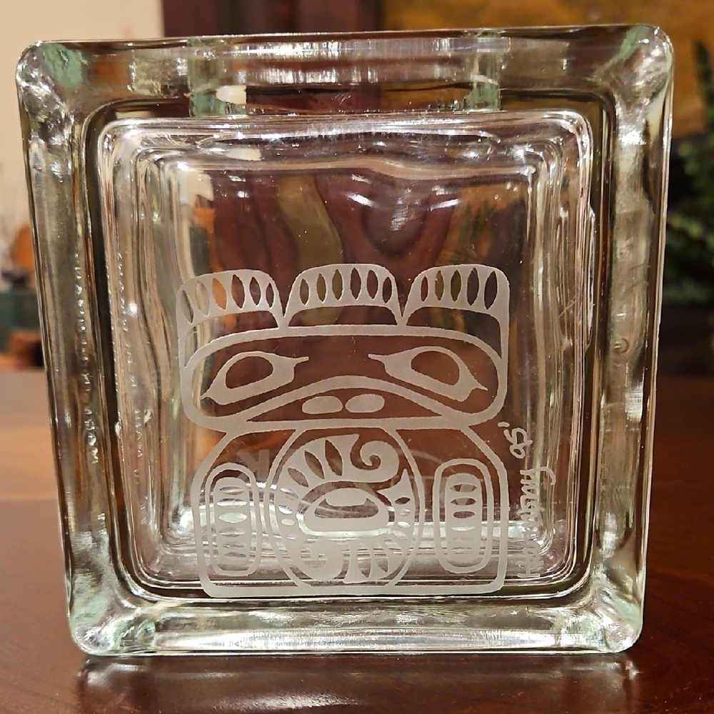 Vtg 1995 Muzak Harmony Signed German PNW Native Totem Glass Block